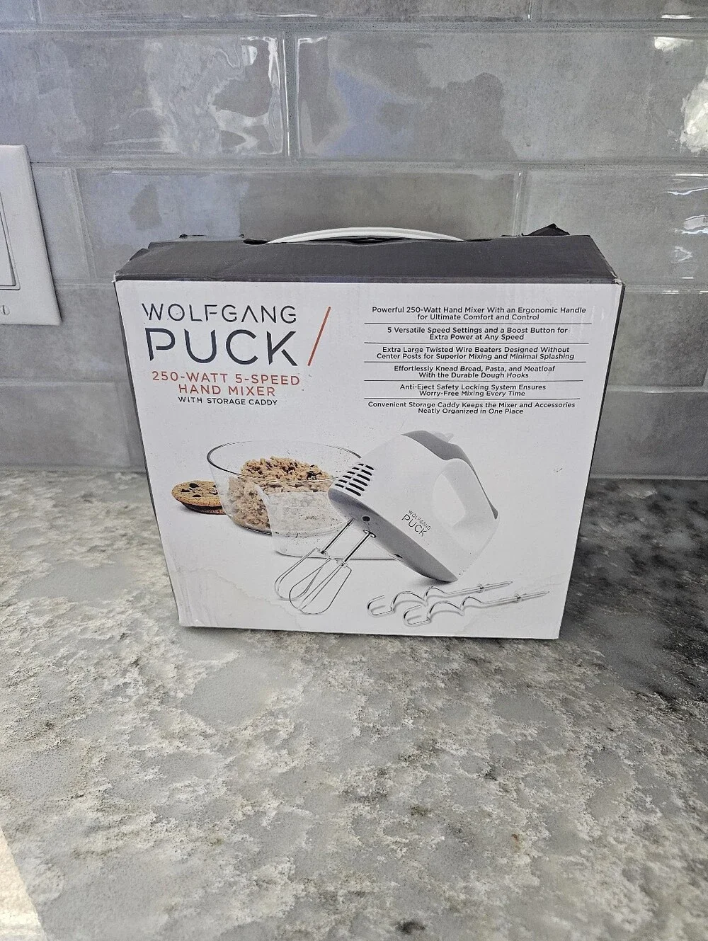 Wolfgang Puck Hand Mixer 250W 5-Speed Beaters & Dough Hooks White Storage Caddy